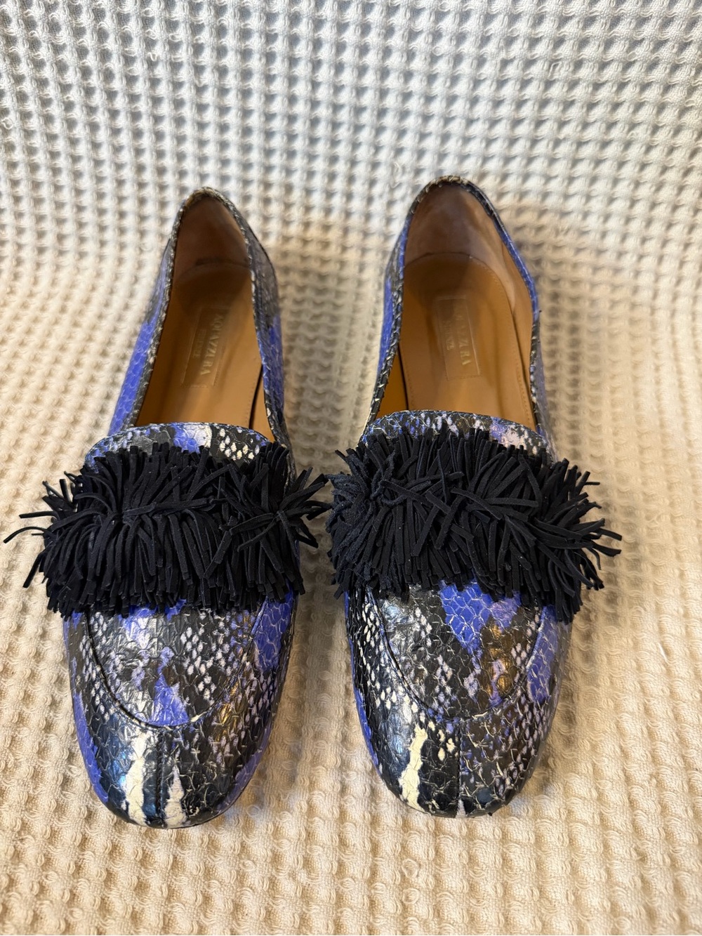 Aquazzura Blue Snake Embossed Fringe Loafers wild thing Flat EU 38 US 8